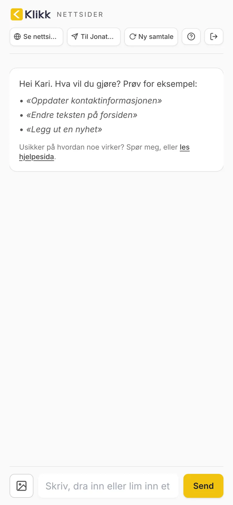 Chatten etter innlogging, med forslag til hva man kan skrive