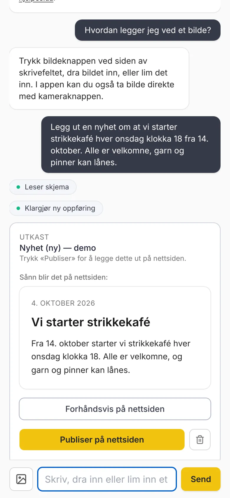 Utkast til en nyhet med knappen «Publiser på nettsiden»